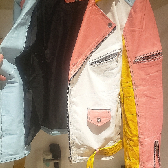 Rainbow pastel color block leather moto jacket. - Picture 10 of 13